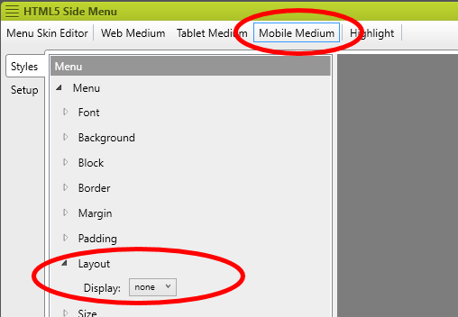 Screenshot showing how to hide menu for mobile medium
