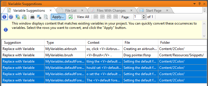 Screenshot showing Apply button in Variable Suggestions