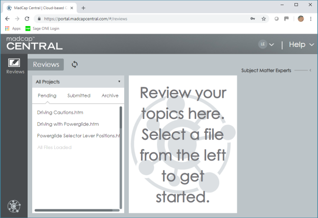 Screenshot showing list of topics for review in MadCap Central