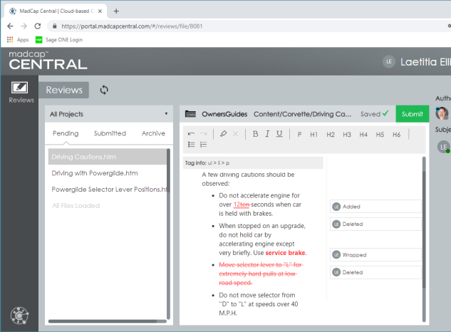 Screenshot showing topic edited in MadCap Central