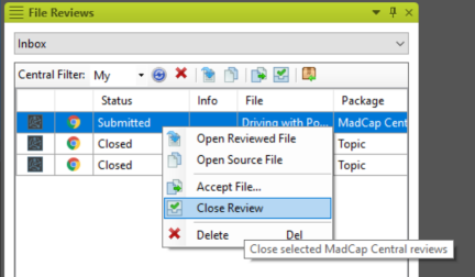 Screenshot showing Close Review in MadCap Flare