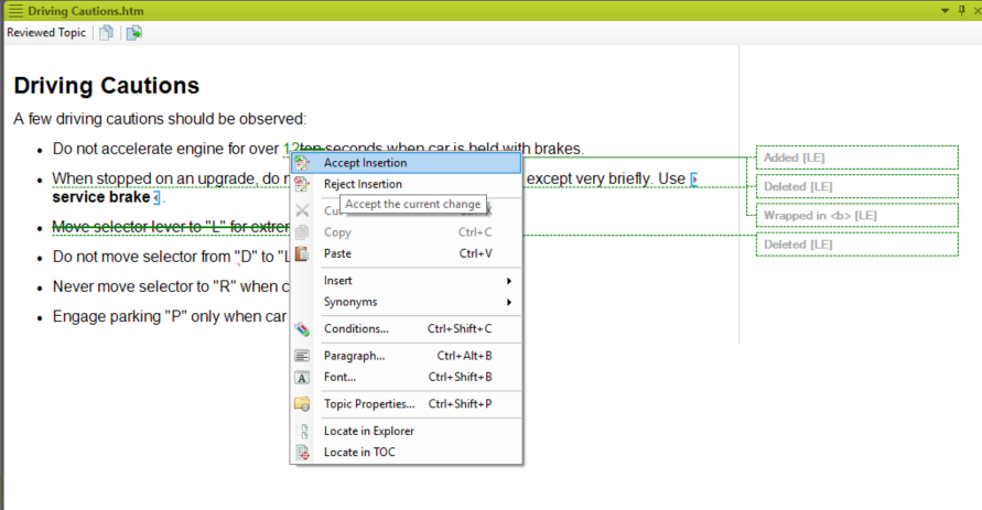 Screenshot showing Accept Insertion in MadCap Flare