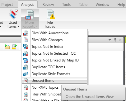 Screenshot showing Unused Items