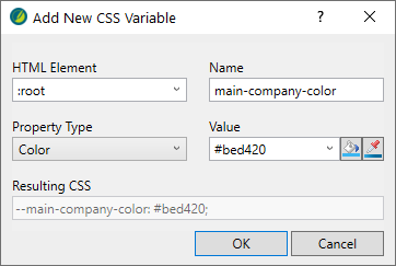 Screenshot showing Add New CSS Variable dialog box