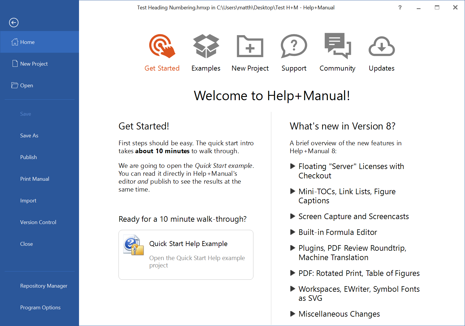 Screenshot showing the Help+Manual 8 Home page