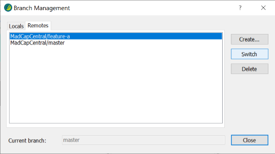 Screenshot showing Remotes tab on Branch Management dialog