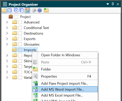 Screenshot showing Add MS Word Import File