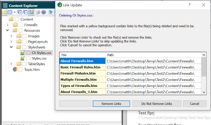 Screenshot showing how to remove links when deleting a stylesheet