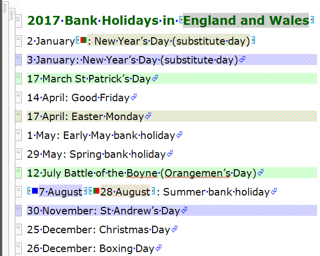 Screenshot showing bank holidays snippet