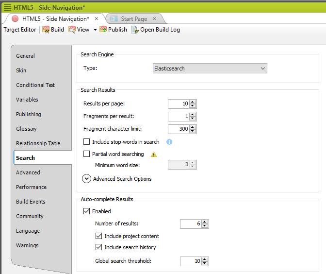 Screenshot showing Elasticsearch option in Target Editor