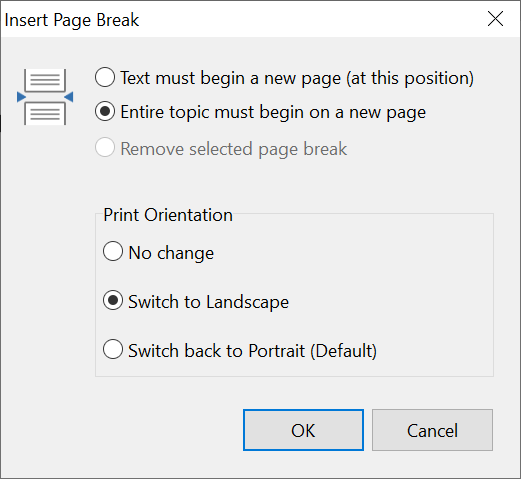 Screenshot showing the Insert Page Break dialog in Help+Manual 8