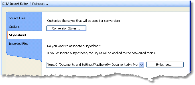 Screenshot of Stylesheet tab of the DITA Import Editor